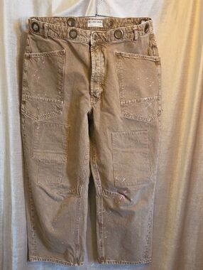 WE THE FREE Brown Cargo Carpenter Pants with Pink Paint-Splatter